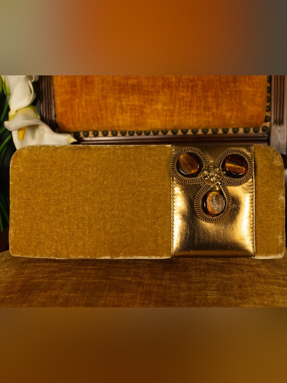 Shiraleah Gold Metallic Clutch with Amber Stone Detail